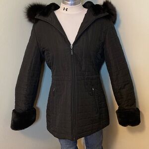 Black Women's Quilted Hooded Coat with Fox Fur Hood Trim